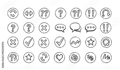 Editable hand-drawn line icons pack with sketchy arrows punctuation marks and playful doodles vector set