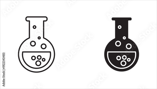 Editable outline vector icon of laboratory flask with liquid and bubbles symbolizing chemical experiment, scientific research, pharmaceutical development, and education concept.