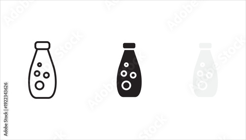 Minimalist editable stroke vector icon set3 of milk bottle with bubbles. Suitable for dairy products, beverage packaging, nutrition, organic food, and grocery themes.