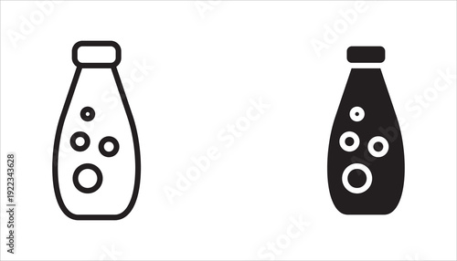 Minimalist editable stroke vector icon of milk bottle with bubbles. Suitable for dairy products, beverage packaging, nutrition, organic food, and grocery themes.