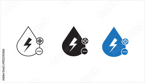 Editable stroke outline vector icon set 3 of water drop with lightning bolt and positive negative symbols representing electrolyte balance, hydration energy, mineral water, and health concept.