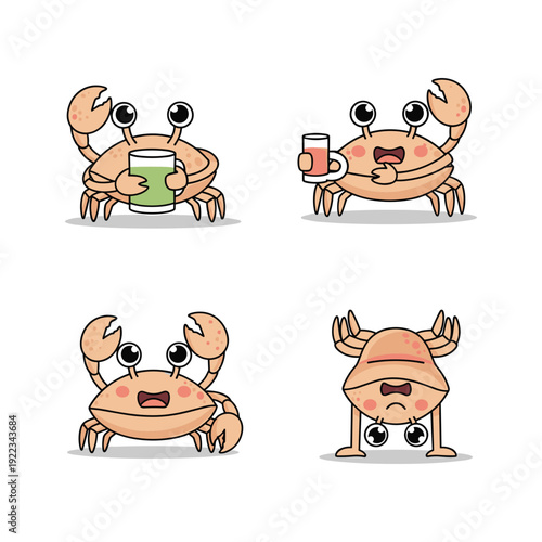 Cartoon crabs with different emotions and drinks in a set against a white background
