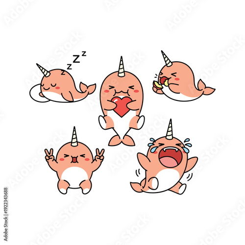 Cartoon narwhals expressing different emotions and reactions in a playful style