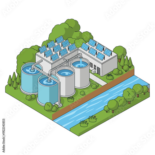 Sustainable Water Treatment Facility with Solar Panels.