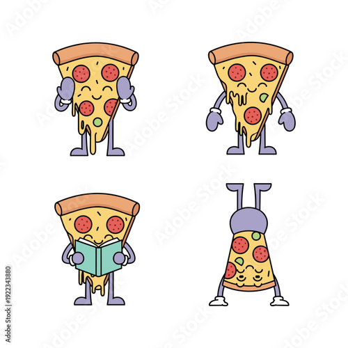 Cartoon pizza slice characters with different emotions and actions in a minimalist style