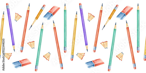 Fotografía Back to School watercolor colored pencil seamless horizontal pattern with eraser and pencil shavings