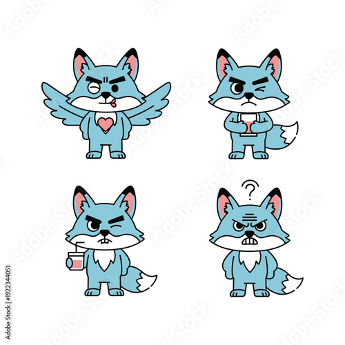 Cartoon wolf characters showing different emotions and professions with cute expressions