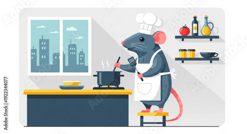A cartoon mouse wearing a chef hat and apron cooking in a kitchen with city view