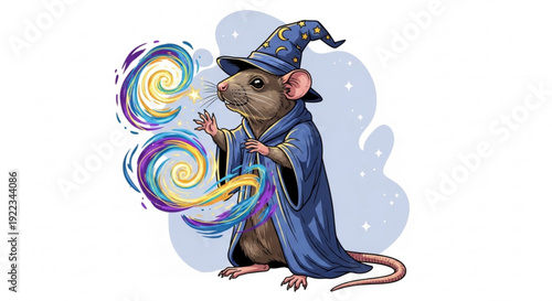 Whimsical wizard mouse in blue robe and hat casting colorful magic spell with swirling rainbow lights