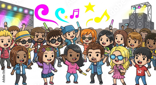 Diverse group of happy cartoon people dancing at a vibrant music festival with colorful lights and speakers