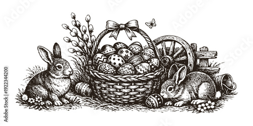 Two Easter bunnies with a basket of decorated eggs, vintage engraving style, on white background. Concept of holiday, spring, tradition