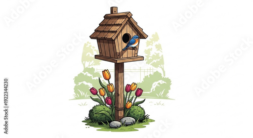 Birdhouse with blue bird on post surrounded by colorful tulips and lush greenery in garden setting
