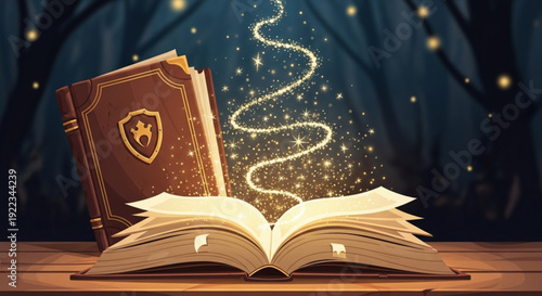 Ancient leather bound book with golden shield and star emits magical sparkles on wooden table in mystical forest