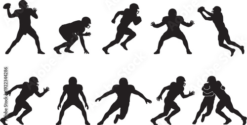 American football players silhouette set, offense agility defense tackling action poses isolated on white background vector illustration