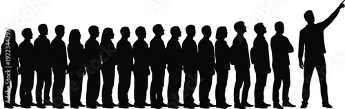 Black and white silhouettes of people standing in line with leader pointing forward symbolizing teamwork, guidance, leadership, and direction concept.