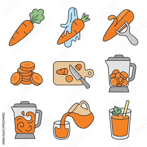 Carrot Juice Making Process Flat Vector Illustration Set
