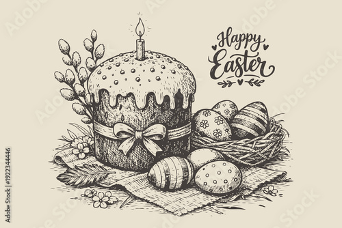 Hand-drawn sketch of Easter cake with candle, decorated eggs, and flowers on beige background, symbolizing traditional holiday celebration