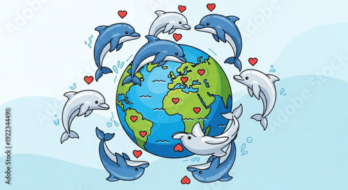Dolphins and hearts surround the earth symbolizing love and conservation for our planet
