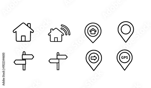 Home and Navigation Rounded Outline Icons Set with House GPS and Way Direction Symbols Vector