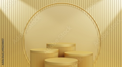 Gold pedestal with a gold background and neon lights, ideal for advertising cosmetics, fashion, skincare, spa products, perfumes, and other premium items. 3D illustration.