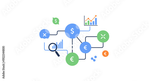 Financial Network Diagram. Global Data Analysis, Investment Strategy Flowchart, Money Exchange, and Economic Risk Management Vector Illustration.