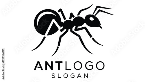 A black and white logo of an ant with the text antlogo slogan isolated on white background, Vector