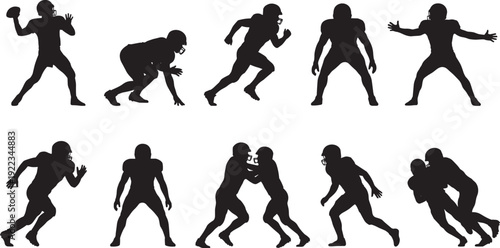 American football players silhouette collection, offense defense tackling action poses isolated on white background vector illustration set