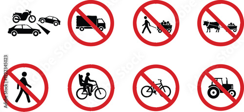 Comprehensive prohibitive safety sign set featuring red circular warning icons for no entry fire hazards pets noise and restricted public activities.