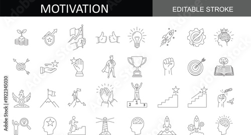 Drive & Professional Growth Icon Set – Featuring Positive Mindset, Challenge, & Teamwork. Fully Editable Strokes & Scalable Vector Art.