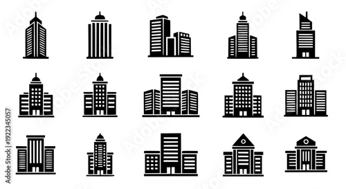 Architectural Office Buildings Icon Pack – Black Flat Vector Illustration