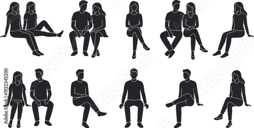 Couple and single people sitting silhouette collection, men and women seated poses isolated on white background