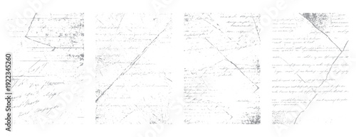 Four panels of distressed grey handwritten text and lines on white background paper texture vintage grunge
