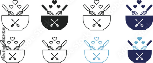 Baking love concept mixing bowl icons set, colorful and black and white kitchen whisk vector illustration isolated on white background