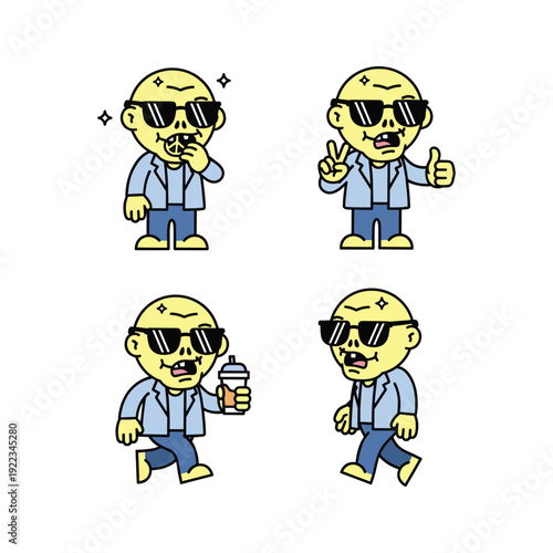Cartoon man with sunglasses in various poses and actions