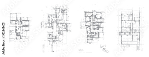 Architectural blueprint plans with detailed floor layouts and handwritten annotations on white background