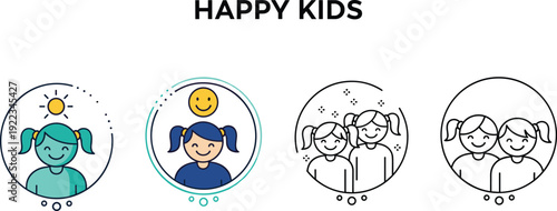 Vector icon set of happy kids with smiling girl avatars and line art characters isolated on white for childhood happiness and education concepts