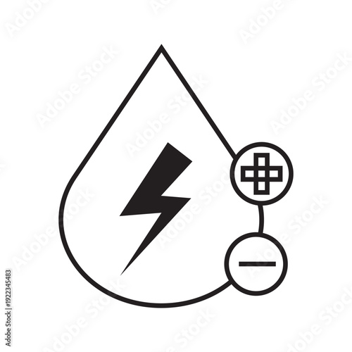 Editable stroke outline vector icon of water drop with lightning bolt and positive negative symbols representing electrolyte balance, hydration energy, mineral water, and health concept.