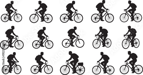 Cyclist Silhouettes Collection Set, Man Riding Bicycle with Backpack Side View Isolated Black Vector