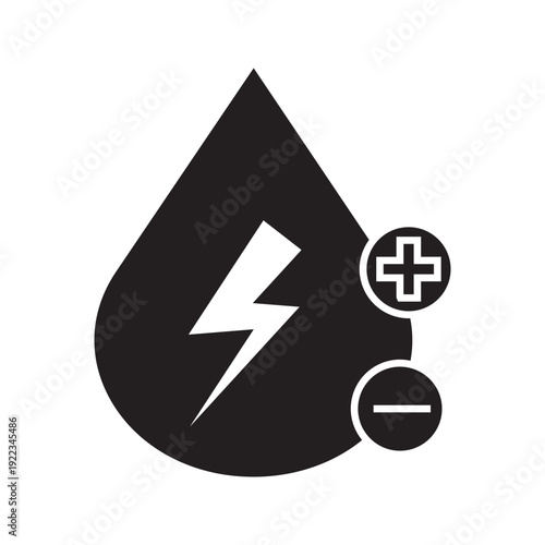Editable stroke outline vector icon of water drop with lightning bolt and positive negative symbols representing electrolyte balance, hydration energy, mineral water, and health concept.