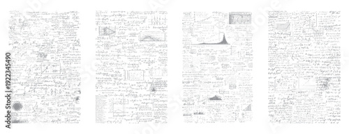 Handwritten mathematical equations and scientific formulas on white paper background mathematics science