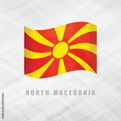 3d illustration waving flag of North Macedonia. Vector flag of North Macedonia.on Grey Background with copy space. Symbol of North Macedonia.