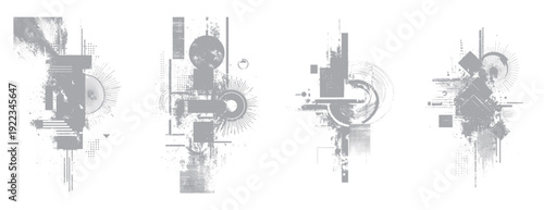 Abstract geometric shapes with distressed textures and radial in shades of gray