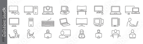 Computer, laptop and workstation icon set – editable outline symbols of desktop, monitor, keyboard, tablet, user and remote work