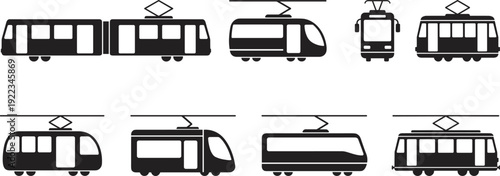 Electric Tram and Modern Train Silhouettes Set, Urban Public Transport Collection with Side and Front View Vector