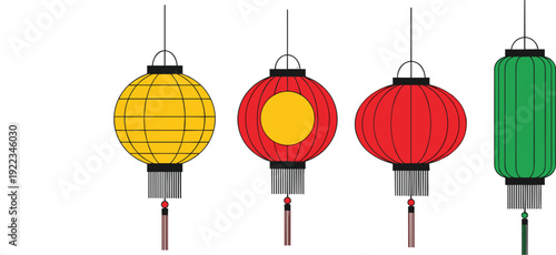 Chinese lantern vector illustration set, traditional Asian hanging lamps in red, yellow and green colors isolated on white background