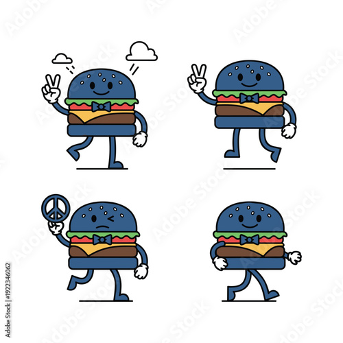 Cartoon hamburger characters showing peace signs and peace symbol in various poses