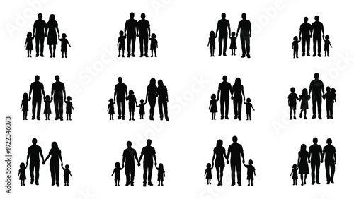 A collection of black silhouettes of people in various family and group configurations isolated on white background, Vector