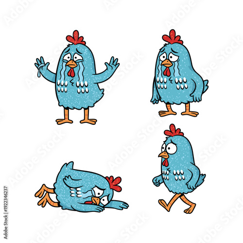 Cartoon blue chickens showing different emotions on white background