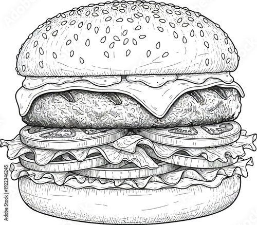 A fast food vector illustration of a delicious cheeseburger with beef meat, cheese, lettuce, and tomato on a sesame bun, isolated on a white background as a snack or lunch meal