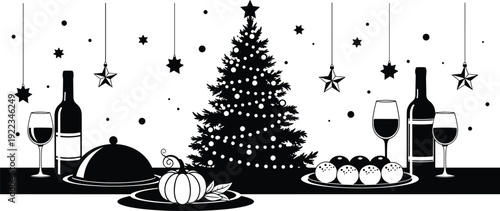Christmas dinner table with decorated tree and wine, black and white holiday celebration vector illustration isolated on white background for festive design